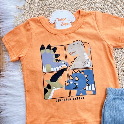 Conj. Camiseta Dinosaur Expert e Bermuda - Laranja e Azul